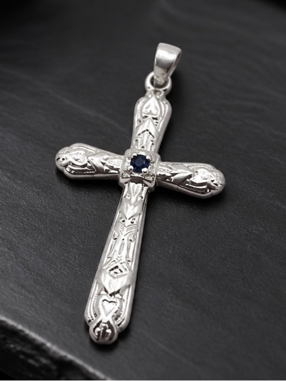 Sterling Silver Cross Pendant with London Blue Topaz